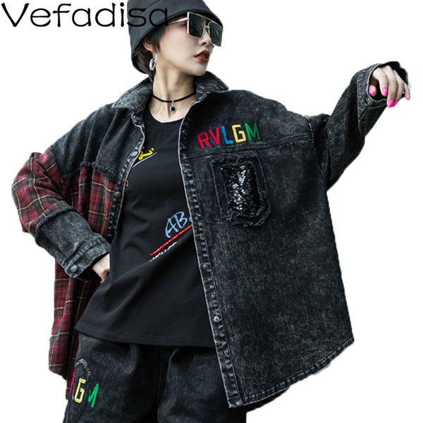 vefadisa plus size plaid patchwork denim jacket women 2020 autumn stitching color denim coat letter print women coat qyf3477, Black;brown
vefadisa plus size plaid patchwork denim jacket women 2020 autumn stitching color denim coat letter print women coat qyf3477, Black;brown