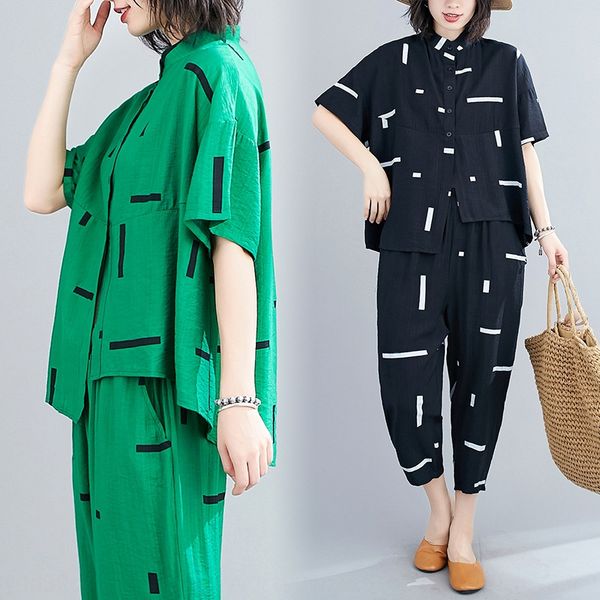 2020 summer new artistic loose large size slimming printed short sleeve harem pants shirt shirt casual age-reducing women's suit, Gray
2020 summer new artistic loose large size slimming printed short sleeve harem pants shirt shirt casual age-reducing women's suit, Gray