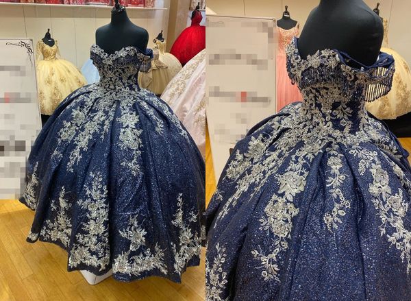 luxurious navy light gold applique lace off shoulder quinceanera prom dresses ball gown evening formal gowns sweet 16 vestidos de dress, Blue;red