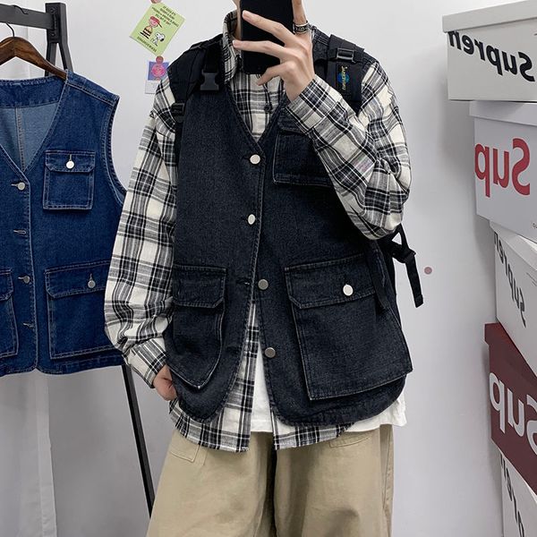 autumn denim vest men's fashion solid color retro casual denim vest men streetwear loose hip-hop sleeveless jacket mens, Black;white
autumn denim vest men's fashion solid color retro casual denim vest men streetwear loose hip-hop sleeveless jacket mens, Black;white