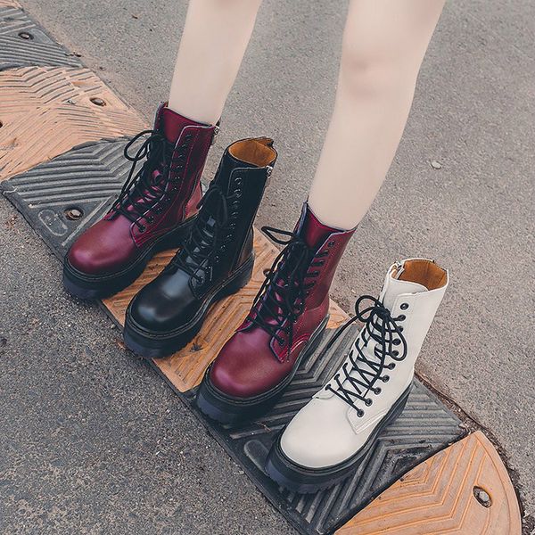 fashion zipper flat shoes woman high heel platform pu leather boots lace up women shoes white military botas mujer girls, Black 
fashion zipper flat shoes woman high heel platform pu leather boots lace up women shoes white military botas mujer girls, Black