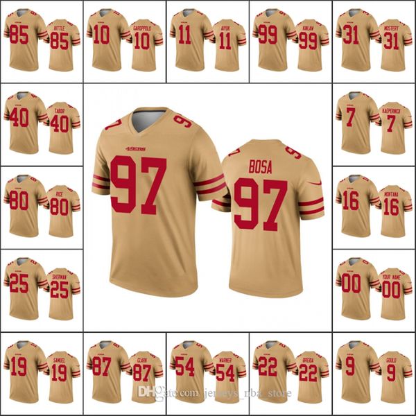 san francisco 49ers men #10 jimmy garoppolo 11 brandon aiyuk 97 nick bosa women youth nfl gold inverted custom legend jersey, Black;red
san francisco 49ers men #10 jimmy garoppolo 11 brandon aiyuk 97 nick bosa women youth nfl gold inverted custom legend jersey, Black;red