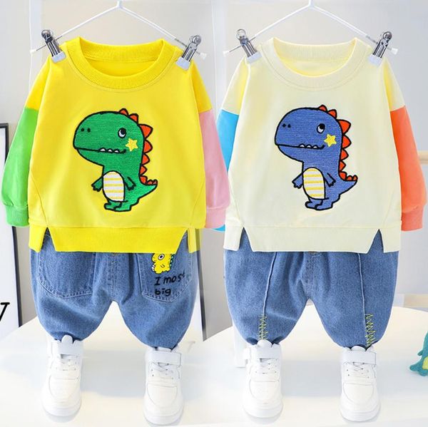 baby boy clothes spring and autumn cotton children's suit boy cartoon cute dinosaur print girl baby jeans two-piece suit, White 
baby boy clothes spring and autumn cotton children's suit boy cartoon cute dinosaur print girl baby jeans two-piece suit, White