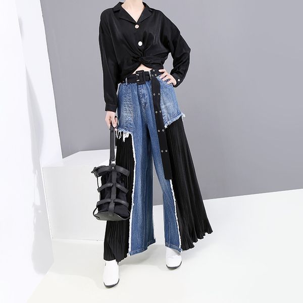 high waist blue pleated split long wide leg denim trousers women fashion spring autumnloose fit pants, Black;white
high waist blue pleated split long wide leg denim trousers women fashion spring autumnloose fit pants, Black;white