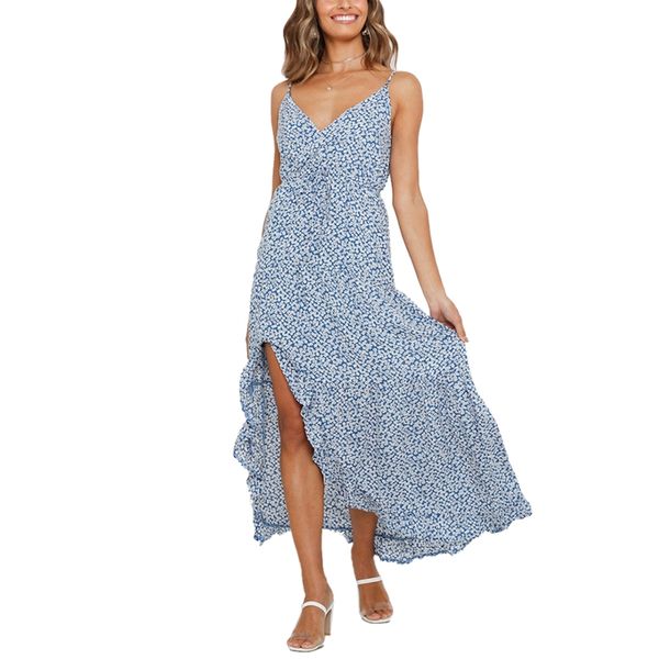 women dress summer dresses irregular v-neck ruffled halter spaghetti strap dress, White
women dress summer dresses irregular v-neck ruffled halter spaghetti strap dress, White