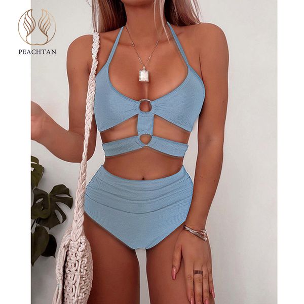 peachtan blue ribbed halter swimsuit women hollow out bikinis 2020 mujer high cut swimwear female ring bathing suit beach wear, White;black 
peachtan blue ribbed halter swimsuit women hollow out bikinis 2020 mujer high cut swimwear female ring bathing suit beach wear, White;black