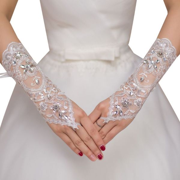 bridal gloves womens sheer short wedding gloves floral lace water drop rhinestone cross ribbon bandage bridal fingerless mittens, White 
bridal gloves womens sheer short wedding gloves floral lace water drop rhinestone cross ribbon bandage bridal fingerless mittens, White