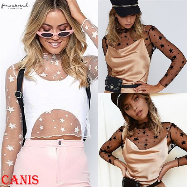 women star print transparent mesh applique sheer long sleeve shirt blouses crop short turtleneck slim clubwear blouse shirt new, White
women star print transparent mesh applique sheer long sleeve shirt blouses crop short turtleneck slim clubwear blouse shirt new, White