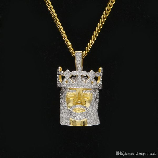 hip hop crowned jesus head necklaces pendants clear bling micro cubic zircon jewelry with stainless steel cuban chain, Silver 
hip hop crowned jesus head necklaces pendants clear bling micro cubic zircon jewelry with stainless steel cuban chain, Silver