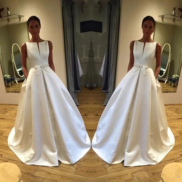 setwell jewel neck a-line wedding dresses sleeveless simple satin pleated floor length bridal gowns with bow, White
setwell jewel neck a-line wedding dresses sleeveless simple satin pleated floor length bridal gowns with bow, White