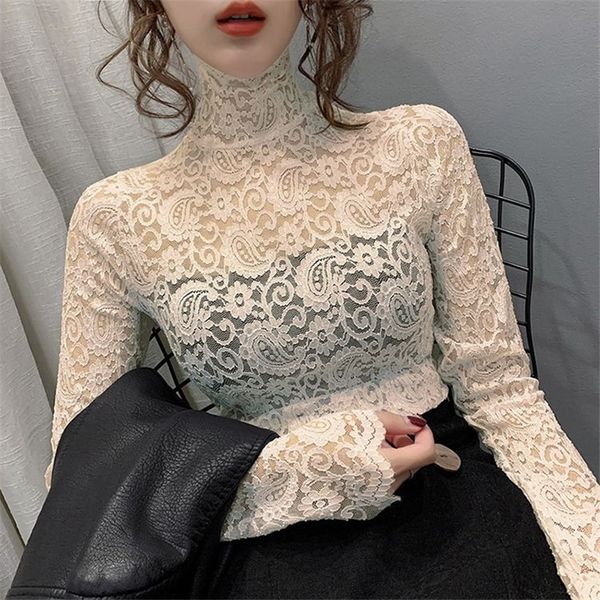 women's blouses & shirts autumn women hollow out lace tees female spring turtleneck full sleeve elastic elegant transparent, White
women's blouses & shirts autumn women hollow out lace tees female spring turtleneck full sleeve elastic elegant transparent, White