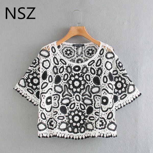 nsz women black and white crochet crop contrast color knitted loose hollow out shirt see through female smock blouse
nsz women black and white crochet crop contrast color knitted loose hollow out shirt see through female smock blouse