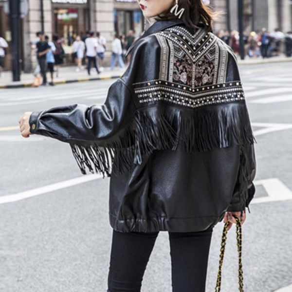 pu leather jacket female 2020 autumn new locomotive handsome loose embroidery rivet tassel heavy industry jackets coat tide, Black
pu leather jacket female 2020 autumn new locomotive handsome loose embroidery rivet tassel heavy industry jackets coat tide, Black