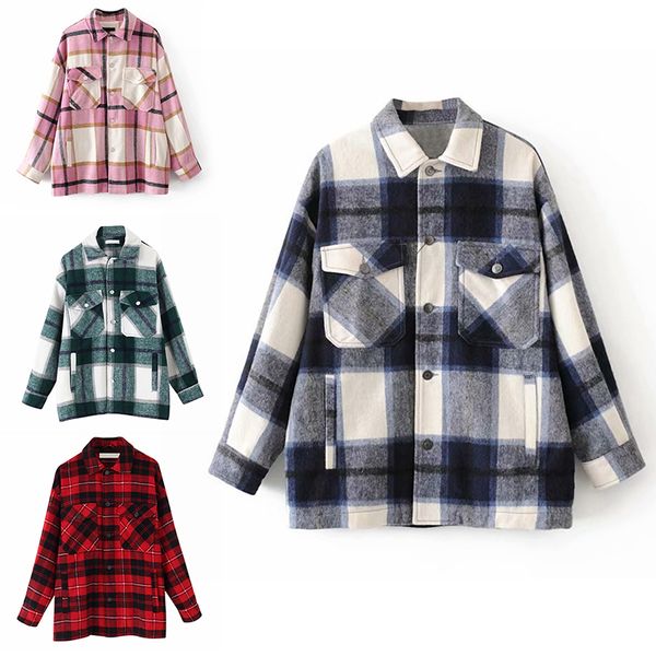 plaid overshirt wool blend jacket check lapel collar long sleeve coat women oversized pockets with flaps button jackets, Black;brown
plaid overshirt wool blend jacket check lapel collar long sleeve coat women oversized pockets with flaps button jackets, Black;brown