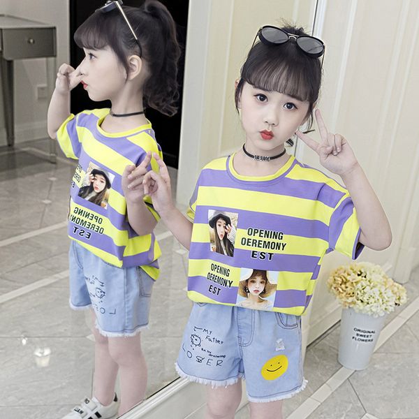 womens suit summer new childrens striped printed t-shirt printed smiley face denim shorts suit, White
womens suit summer new childrens striped printed t-shirt printed smiley face denim shorts suit, White