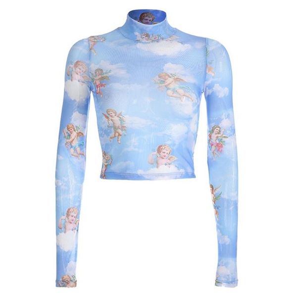 long sleeve high collar home summer vogue t shirt dating vintage cupid jeans t-shirt women tshirts angel top, White 
long sleeve high collar home summer vogue t shirt dating vintage cupid jeans t-shirt women tshirts angel top, White