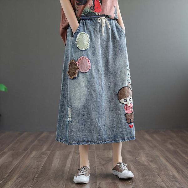 cartoon patch embroidery skirt ladies spring autumn new elastic waist fashion leisure loose denim skirts womens plus size k973, Black
cartoon patch embroidery skirt ladies spring autumn new elastic waist fashion leisure loose denim skirts womens plus size k973, Black