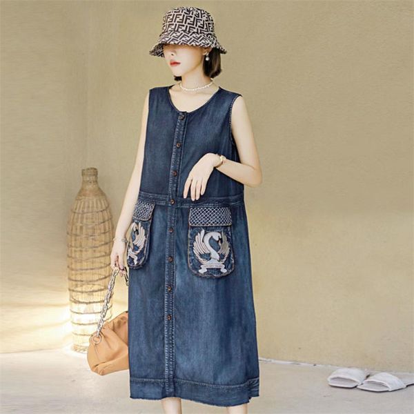 summer denim embroidery tank dress 2020 vintage dresses o-neck sleeveless single breasted sundress q82203 vintage loose vestidos, Black;gray
summer denim embroidery tank dress 2020 vintage dresses o-neck sleeveless single breasted sundress q82203 vintage loose vestidos, Black;gray