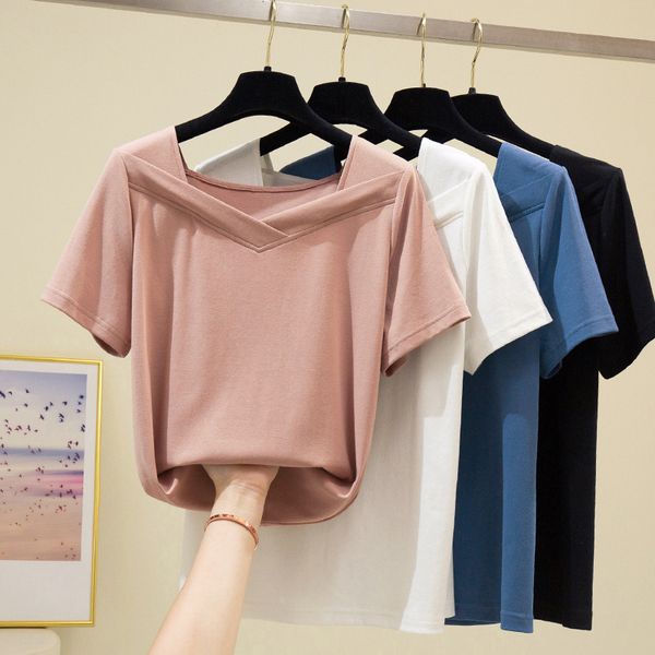 summer simple korean version of the leisure solid color v-neck thin elastic short sleeve ms. t-shirt korean clothes, White
summer simple korean version of the leisure solid color v-neck thin elastic short sleeve ms. t-shirt korean clothes, White