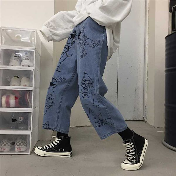 wholesale korean bf wind retro cartoon printed high waist straight wide leg denim jeans cropped pants men and women harem pants, Blue 
wholesale korean bf wind retro cartoon printed high waist straight wide leg denim jeans cropped pants men and women harem pants, Blue