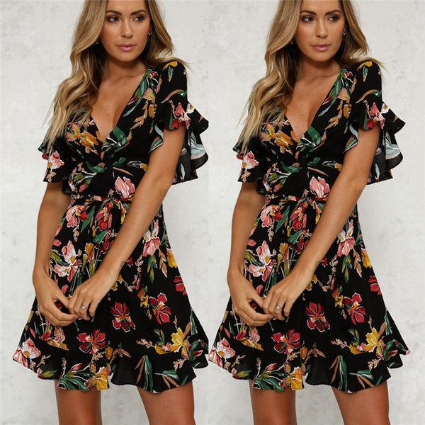 new fashion womens boho v neck short sleeve dress floral printed slim dress ladies beach evening party mini sundress, Black;gray
new fashion womens boho v neck short sleeve dress floral printed slim dress ladies beach evening party mini sundress, Black;gray