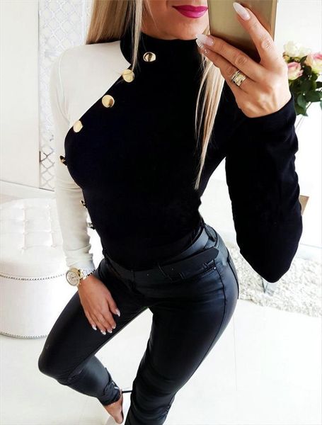 womens slim long sleeve turtleneck buttons t shirts female patchwork new casual laides high neck fashion tees, White
womens slim long sleeve turtleneck buttons t shirts female patchwork new casual laides high neck fashion tees, White