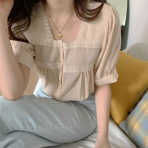 2020 women summer square collar lace patchwork chiffon blouse single breasted shirt short sleeve, White
2020 women summer square collar lace patchwork chiffon blouse single breasted shirt short sleeve, White