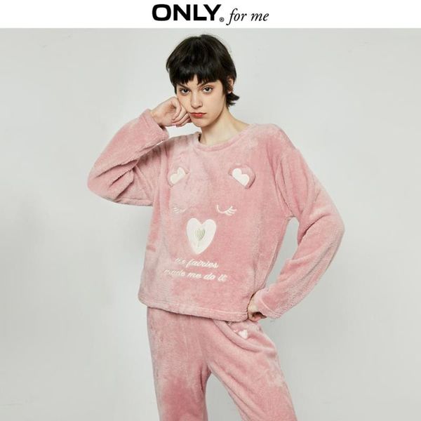 only women's loose fit bear pattern coral fleece pullover | 11949s544, Black