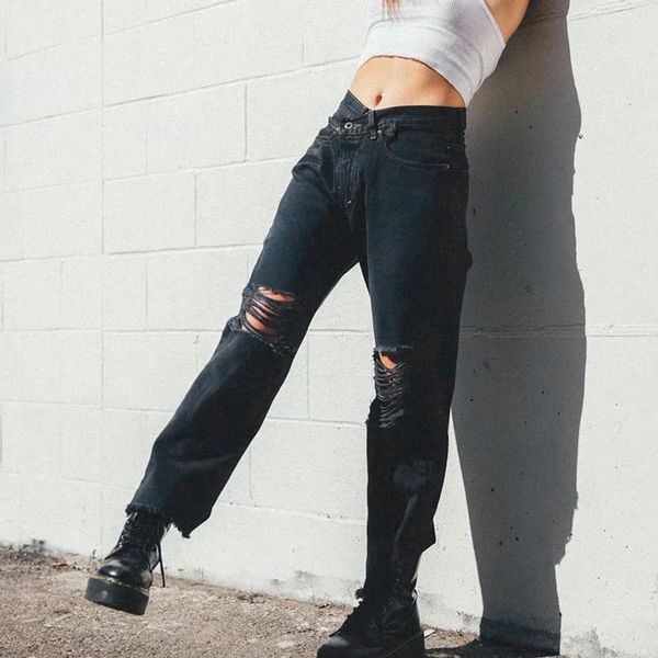 women asymmetric waist distressed jeans, Blue