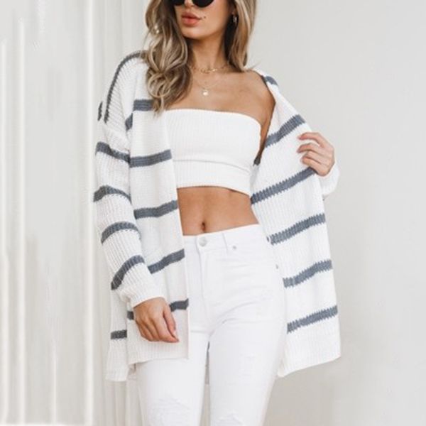 2020 early spring new sweater womens popular european and american street fashion long striped knitted cardigan, White;black
2020 early spring new sweater womens popular european and american street fashion long striped knitted cardigan, White;black