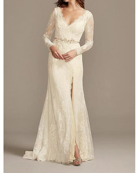 a-line wedding dresses v neck floor length lace satin long sleeve country plus size with lace sashes / ribbons embroidery, White
a-line wedding dresses v neck floor length lace satin long sleeve country plus size with lace sashes / ribbons embroidery, White