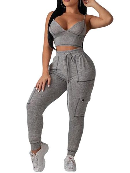 women sports 2pcs deep v camisole high waist elastic drawstring design summer clothing, Gray
women sports 2pcs deep v camisole high waist elastic drawstring design summer clothing, Gray