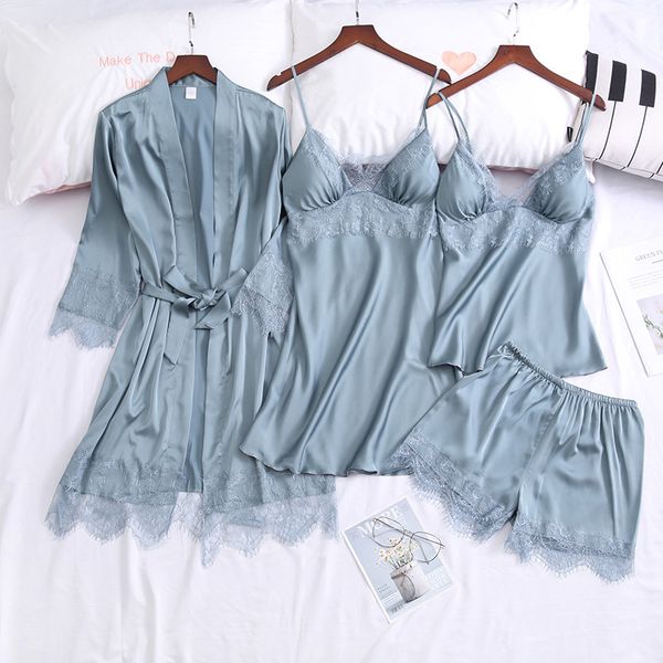 women 4pcs sleepwear lace patchwork robe set satin kimono bathrobe gown female casual intimate lingerie home clothes, Black;red
women 4pcs sleepwear lace patchwork robe set satin kimono bathrobe gown female casual intimate lingerie home clothes, Black;red