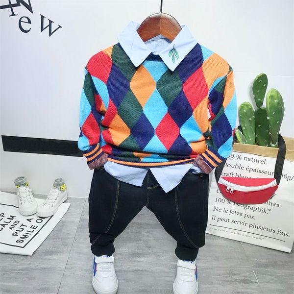 clothing sets children spring autumn baby boys fashion knit sweater + shirt jeans 3pcs suits 2-6 years, White