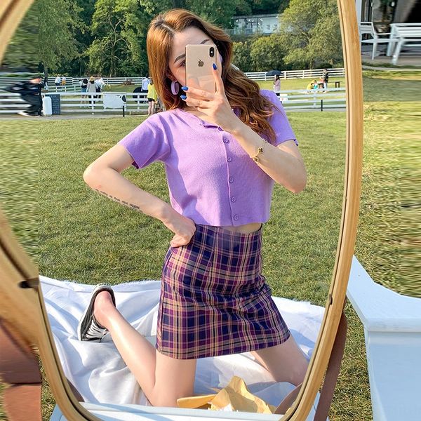 2020 purple plaid half-length suit women's lazy wind skirt internet red short sleeve knitted cardigan two-piece skirt, Gray
2020 purple plaid half-length suit women's lazy wind skirt internet red short sleeve knitted cardigan two-piece skirt, Gray