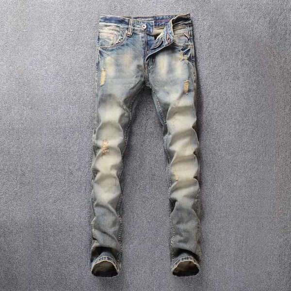 men's jeans italian vintage fashion men retro yellow slim fit ripped cotton denim pants designer homme, Blue
men's jeans italian vintage fashion men retro yellow slim fit ripped cotton denim pants designer homme, Blue