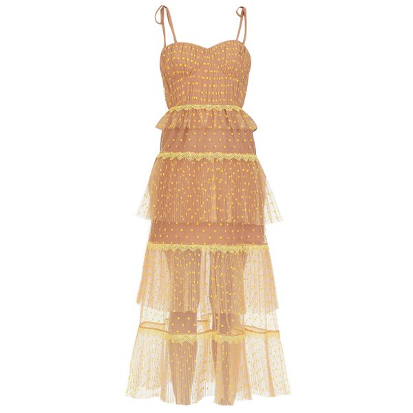 runway designer dress v neckline strapless mesh lace pleated polka dot long dress for summer 2020, Black;gray
runway designer dress v neckline strapless mesh lace pleated polka dot long dress for summer 2020, Black;gray
