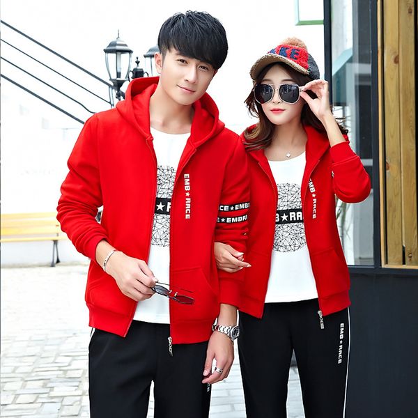 winter couples sports clothing set men and women sports cotton plus thick velvet hooded printed three-piece set casual hoodie, White;red
winter couples sports clothing set men and women sports cotton plus thick velvet hooded printed three-piece set casual hoodie, White;red