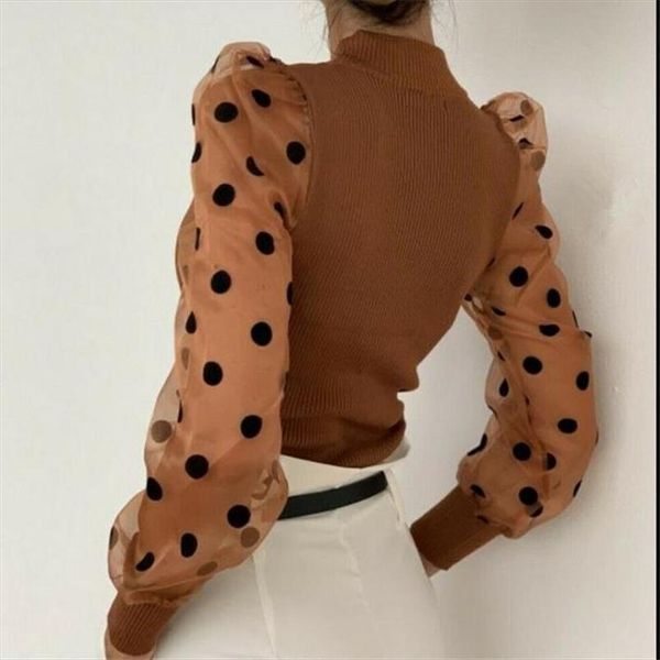 females long puff sleeves t shirt new fashion sheer mesh dot printed sleeves slim wear fashion knitting tunic, White
females long puff sleeves t shirt new fashion sheer mesh dot printed sleeves slim wear fashion knitting tunic, White