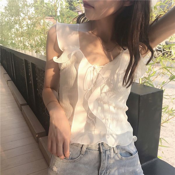 women fashion knitting patchwork ruffles mesh sweet tanks lady sleeveless laced up t shirts sweater pullover, White
women fashion knitting patchwork ruffles mesh sweet tanks lady sleeveless laced up t shirts sweater pullover, White