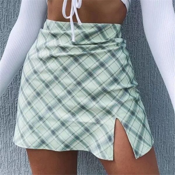 green plaid printting skirts high split high waist skirts for women mini skirts vintage female lady spring 2020 school skirt, Black 
green plaid printting skirts high split high waist skirts for women mini skirts vintage female lady spring 2020 school skirt, Black