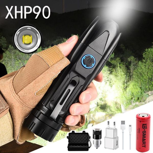 16000lm Xhp90 Super Bright Led Usb Rechargeable Tactical Zoom High Power Waterproof Torch With Bottom Attack Cone