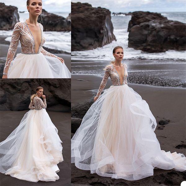 2020 high v-neck a-line wedding dresses custom made long sleeves appliqued sequins bridal gown sweep train boho bridal gown, White
2020 high v-neck a-line wedding dresses custom made long sleeves appliqued sequins bridal gown sweep train boho bridal gown, White