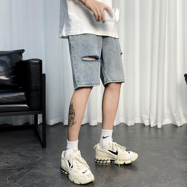 ripped denim men's washed loose straight shorts and shorts skateboard five-point couple casual all-match pants, Blue
ripped denim men's washed loose straight shorts and shorts skateboard five-point couple casual all-match pants, Blue