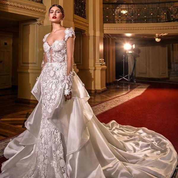 2020 spring lace appliqued mermaid wedding dress with detachable train long sleeves sheath plus size beach bohemian bridal gown, White
2020 spring lace appliqued mermaid wedding dress with detachable train long sleeves sheath plus size beach bohemian bridal gown, White