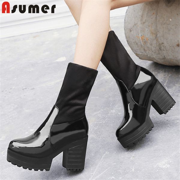 asumer 2020 patent leather ankle boots women thick heel platform shoes round toe autumn winter elastic boots woman, Black
asumer 2020 patent leather ankle boots women thick heel platform shoes round toe autumn winter elastic boots woman, Black