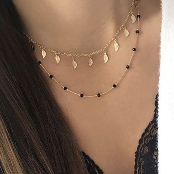 bohemian black bead alloy leaves pendants neckalce for women multilayer charms chain gold chockers minimalist jewelry, Silver 
bohemian black bead alloy leaves pendants neckalce for women multilayer charms chain gold chockers minimalist jewelry, Silver