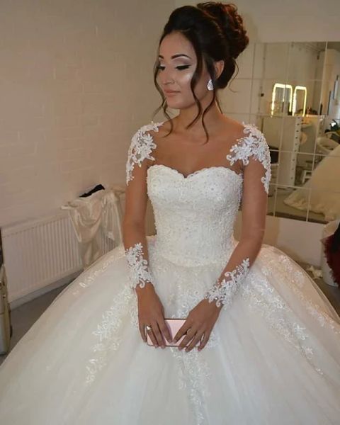 ball gown wedding dresses sweetheart neckline floor length lace tulle long sleeve romantic illusion detail with lace, White
ball gown wedding dresses sweetheart neckline floor length lace tulle long sleeve romantic illusion detail with lace, White