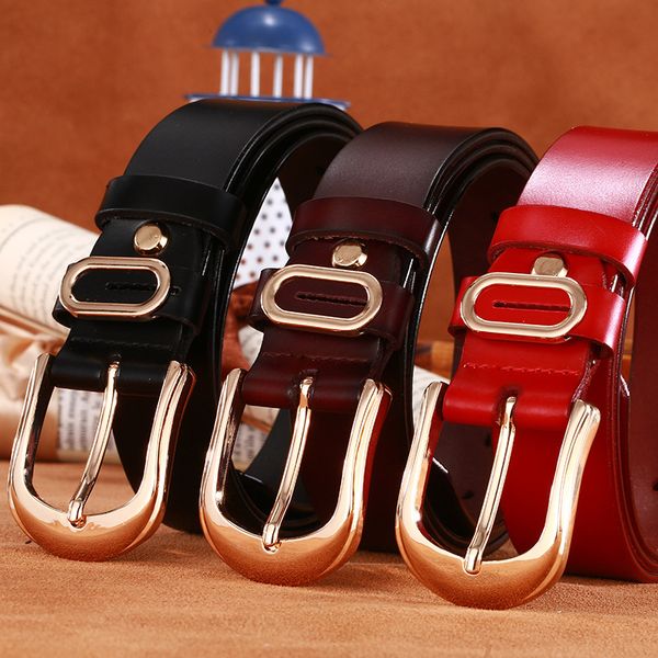 women's leather belt gold pin buckle leather belt casual versatile women's wide flat, Black;brown