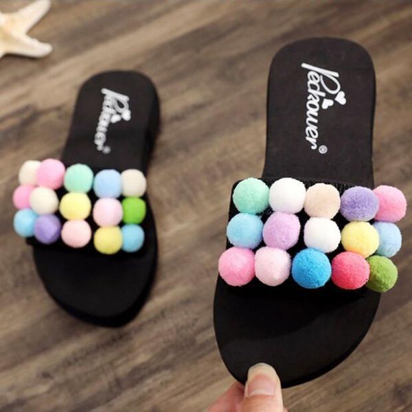 slipper summer women shoes flat bath slippers child beach color matching hair ball flip flops female girls non-slip s635, Black;grey
slipper summer women shoes flat bath slippers child beach color matching hair ball flip flops female girls non-slip s635, Black;grey
